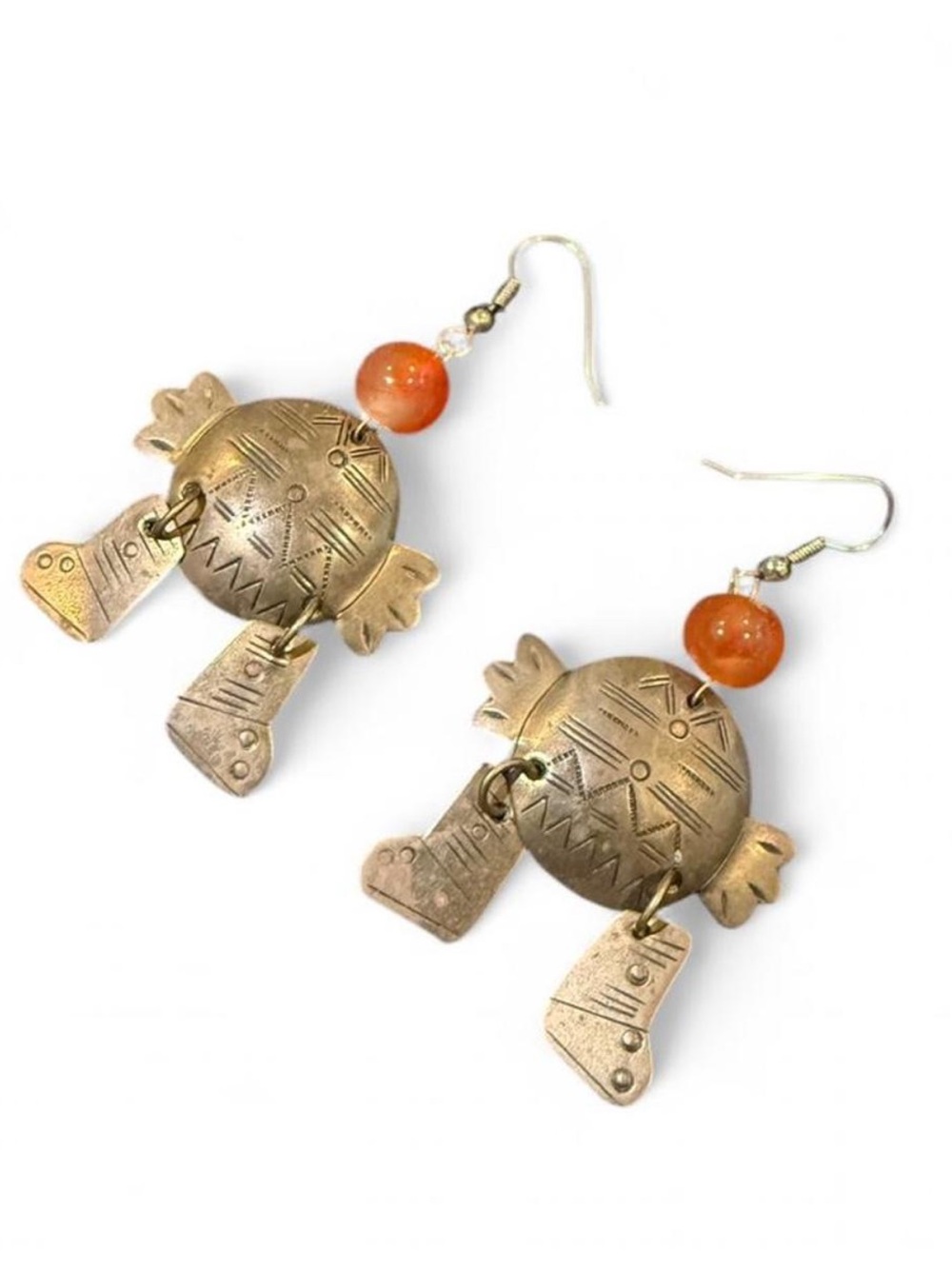 Handcrafted Gold-Tone Tribal Drop Earrings with Orange Bead